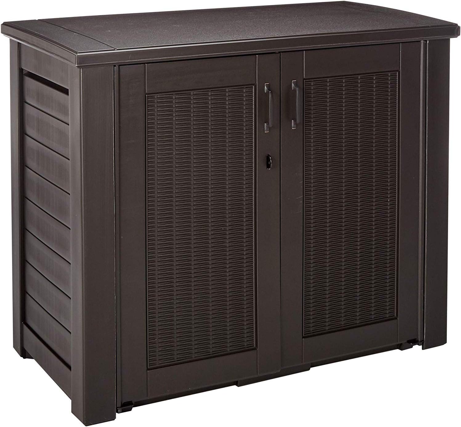 Rubbermaid Patio Chic Resin Weather Resistant Outdoor Storage Deck Box, 123 Gal., Black Oak Rattan Wicker Basket Weave, for Garden/Backyard/Home/Pool