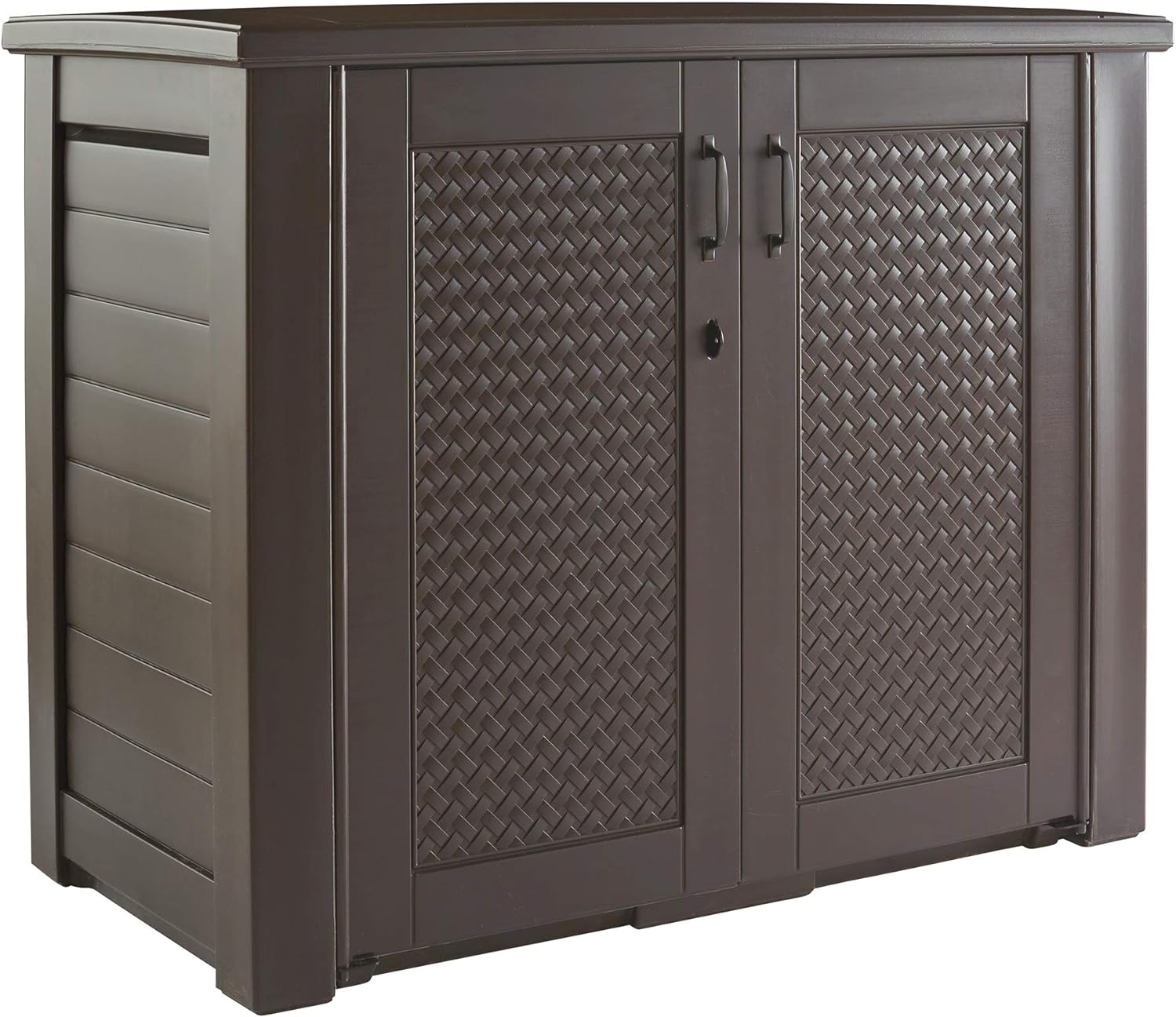 Rubbermaid Extra Large Decorative Patio Storage Cabinet, Weather Resistant, 123 Gal., Dark Teakwood, for Garden/Backyard/Home/Pool