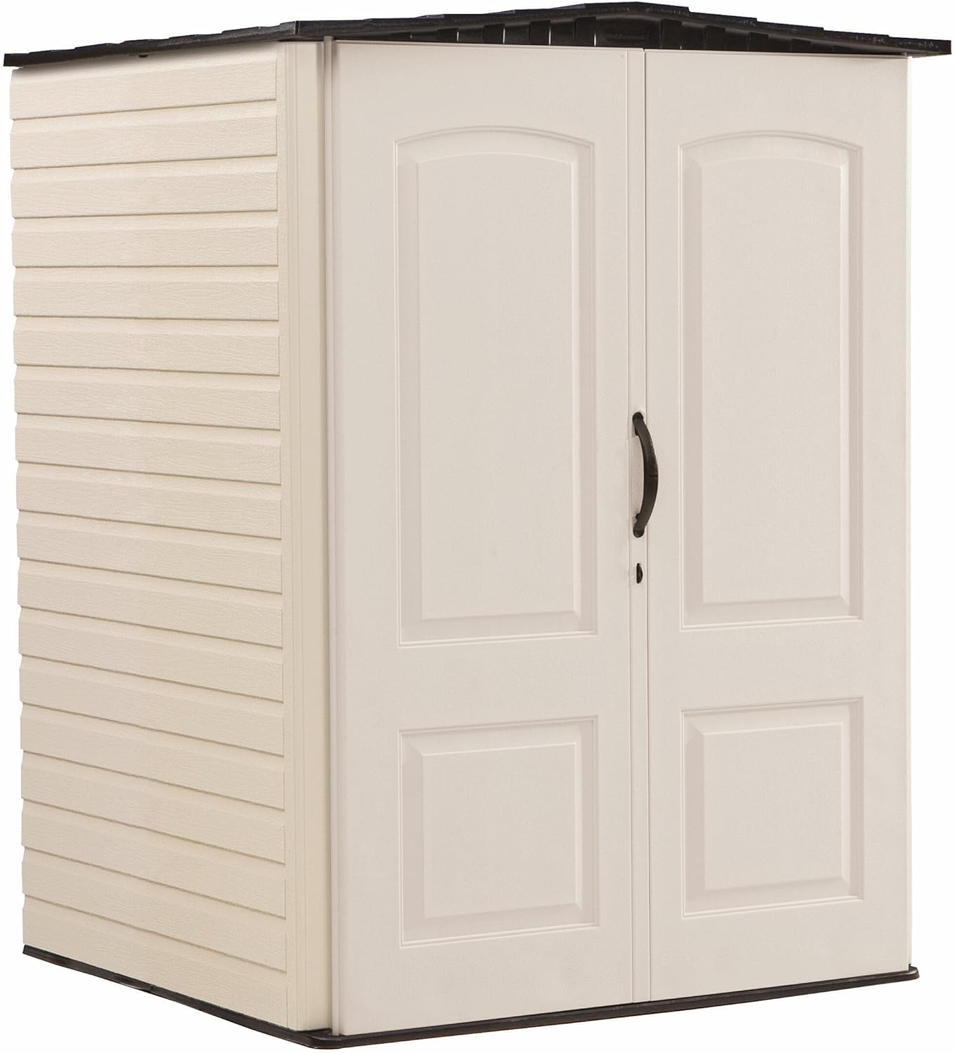 Rubbermaid Resin Weather Resistant Outdoor Storage Shed, 5 x 4 ft., Sandalwood/Onyx Roof, for Garden/Backyard/Home/Pool