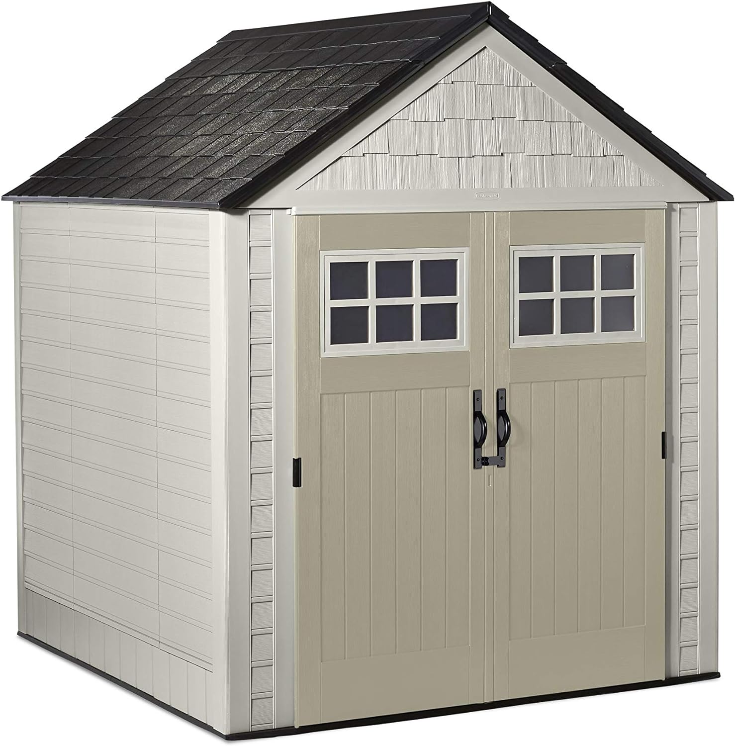 Rubbermaid 7 x 7 Foot Durable Weatherproof Resin Outdoor Storage Shed for Garden Tool and Lawn Machinery Organization, Sandstone