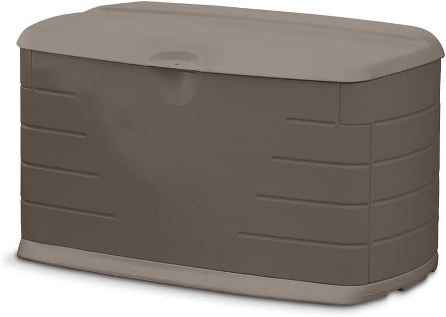 Rubbermaid Medium Resin Weather Resistant Outdoor Storage Deck Box, 72.6 Gal., Putty/Canteen Brown, for Garden/Backyard/Home/Pool