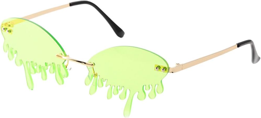 GEMILY Fashion Glasses Green Tear Drip Shape Flame Sunglasses Outdoor Costumes Eyewear Festival Rave Oval Rimless Sunglasses for Women and Girls