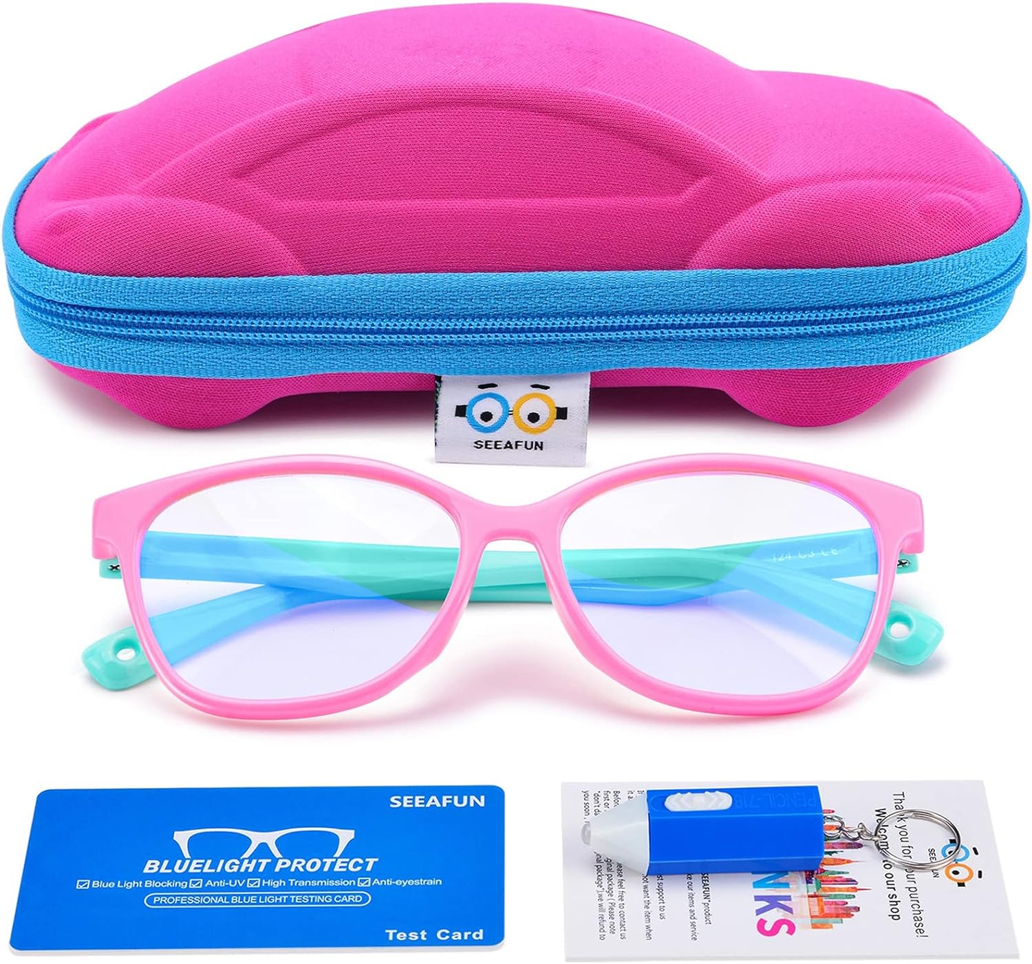 SEEAFUN Blue Light Glasses for Kids Girls Boys with Cute Car Case, UV400 Protection, Anti Blue Ray Age3-12