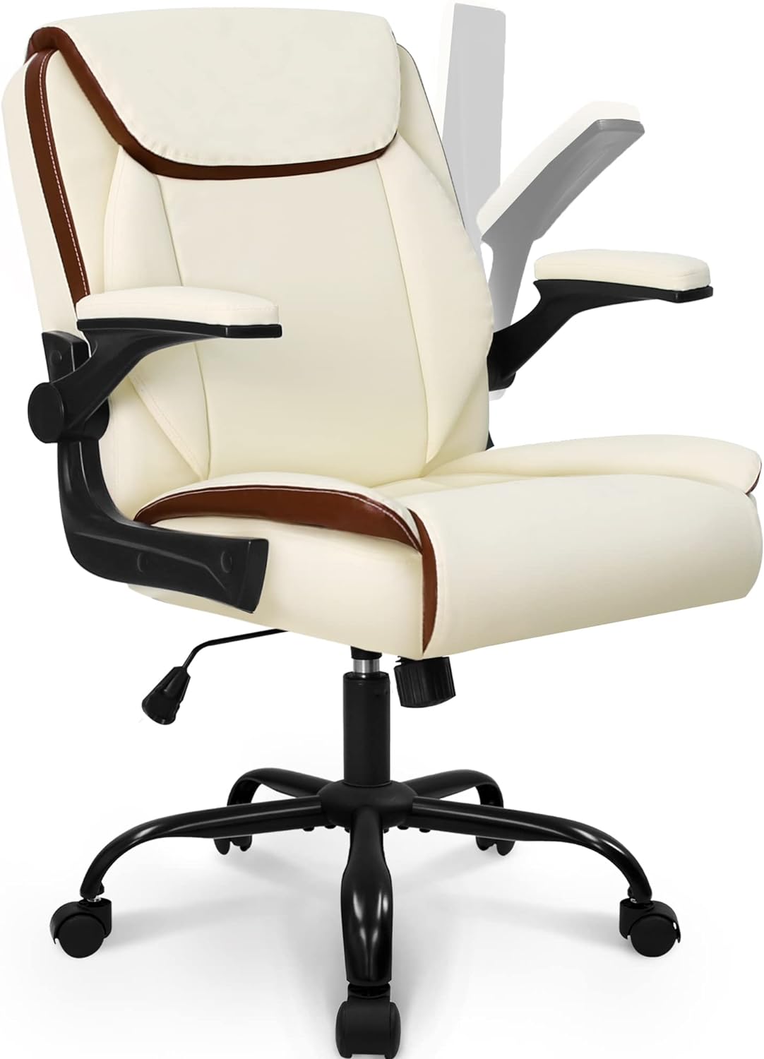 NEO CHAIR Office Chair Adjustable Desk Chair Mid Back Executive Comfortable PU Leather Ergonomic Gaming Back Support Home Computer with Flip-up Armrest Swivel Wheels (Ivory)