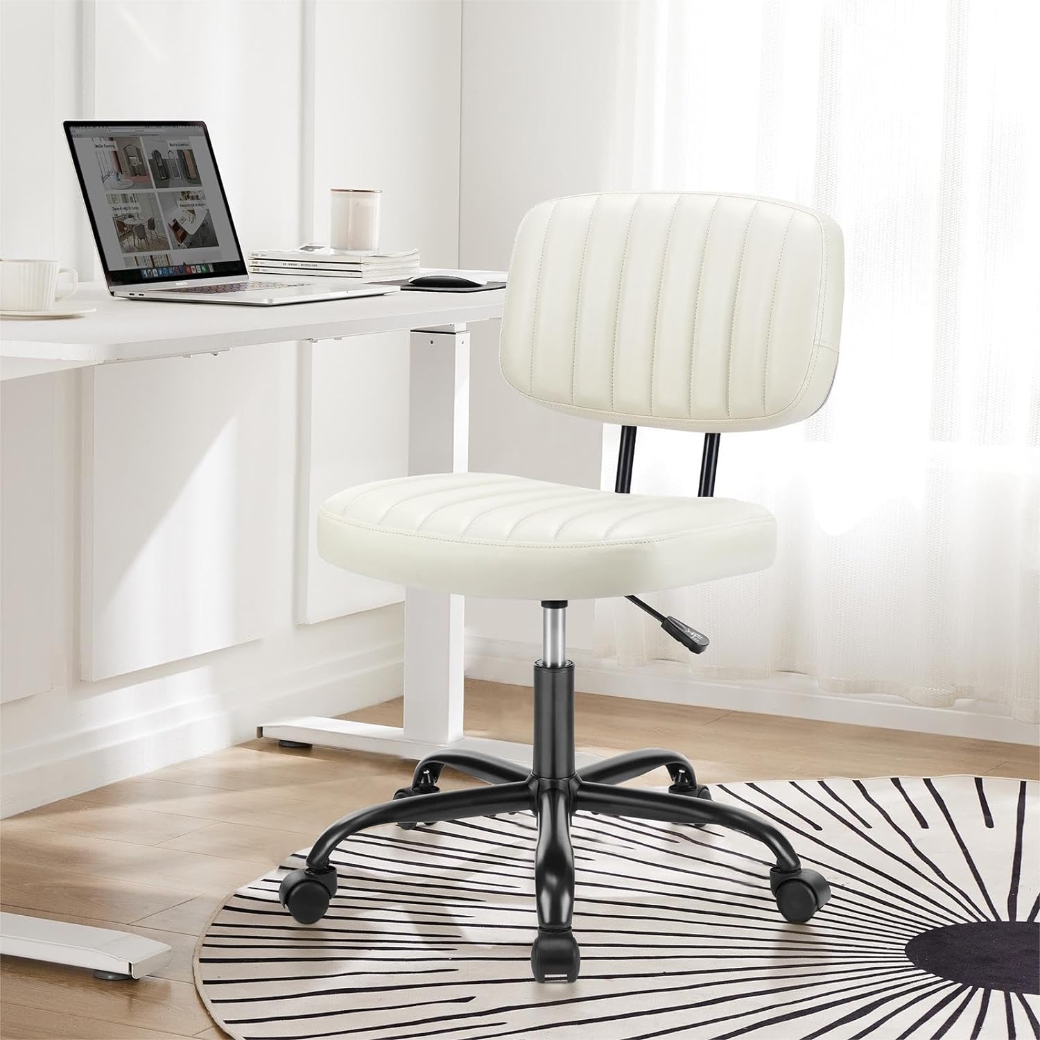 DUMOS Armless Home Office Chair Ergonomic Desk with Comfy Low Back Lumbar Support, Height Adjustable PU Leather Computer Task with 360Â° Swivel Wheels, for Small Space, Kids and Adults, Beige White