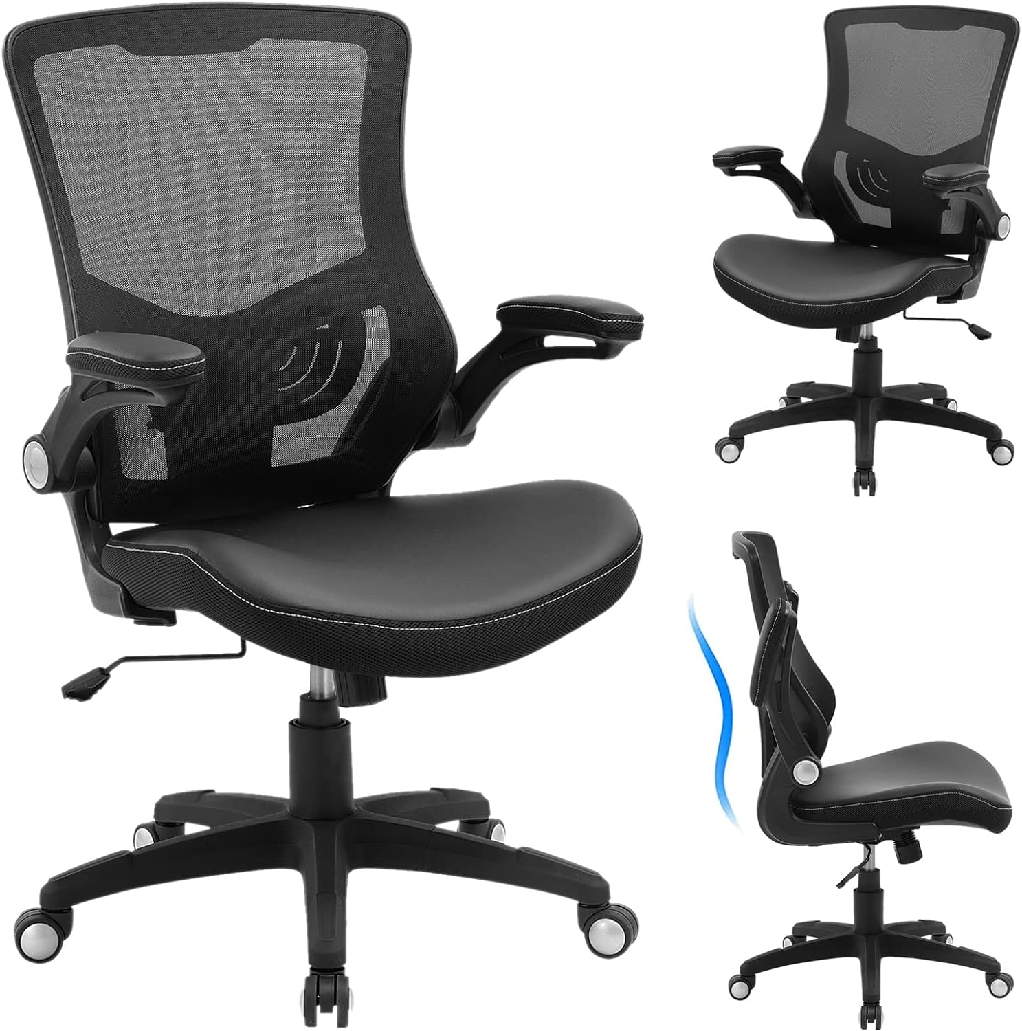 Office Chair Ergonomic Desk Chair, Computer PU Leather Home Office Chair, Swivel Mesh Back Adjustable Lumbar Support Flip-up Arms Executive Task Chair