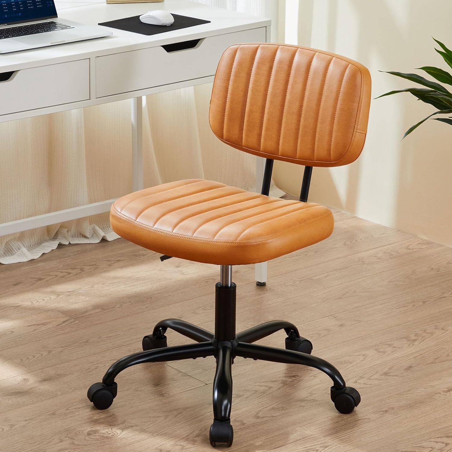 Sweetcrispy Small Office Desk Chair with Wheels Armless Comfy Computer Chair with Lumbar Support, PU Leather Low Back Adjustable Height 360 Rolling Swivel Task Chair Without Arm for Home, Bedroom