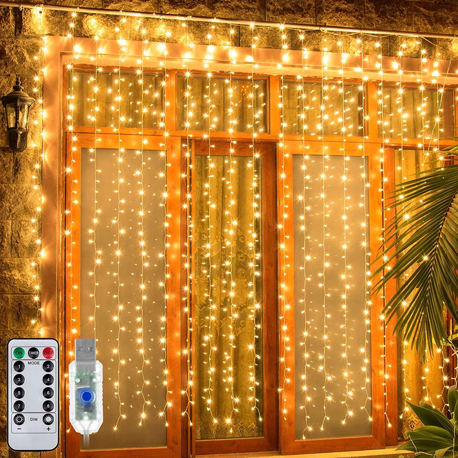 Ollny Curtain Lights 200LED 6.6x6.6ft, USB Warm White Christmas Curtain Lights with Remote 8 Modes Dimmable Timer, Waterproof Hanging Lights for Bedroom Backdrop Window Indoor Outdoor Wall