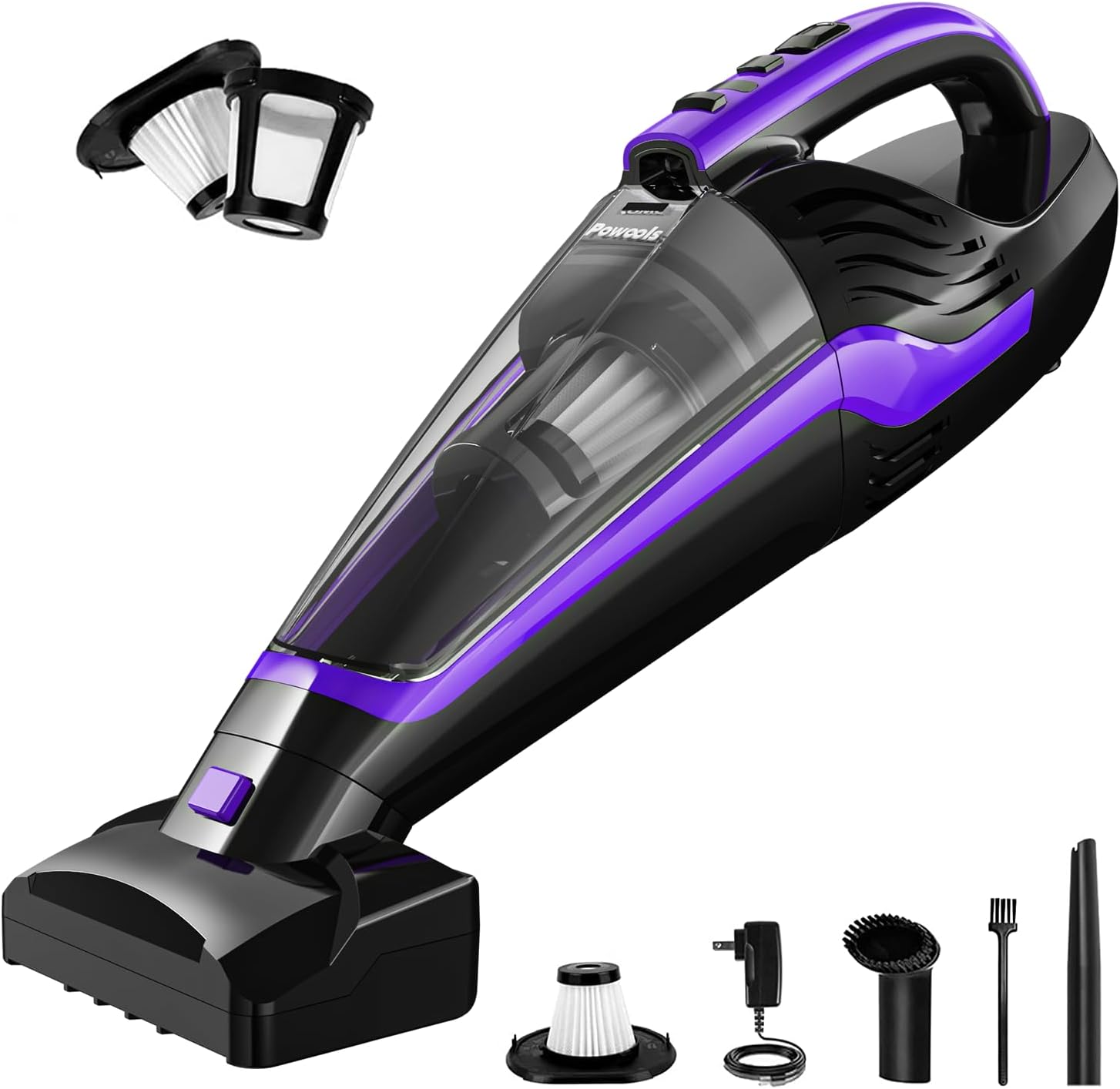 Powools Pet Hair Handheld Vacuum - Car Vacuum Cordless Rechargeable, Well-Equipped Hand Vacuum for Carpet, Couch, Stairs, Powerful Handheld Vacuum Cordless w/Motorized Brush, Purple (D 27 PL8726)