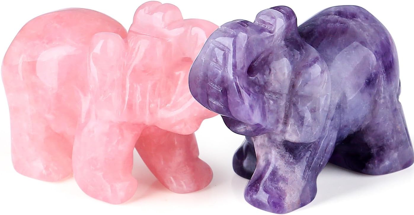 DUQGUHO 2Pcs Elephant Gifts for Women Crystals Decor Rose Quartz Amethyst Crystal Elephant Statue Pink Purple Cute Elephant Crystal Set Office Room Desk Valentines Day Decoration Gift Sculpture 1.5''