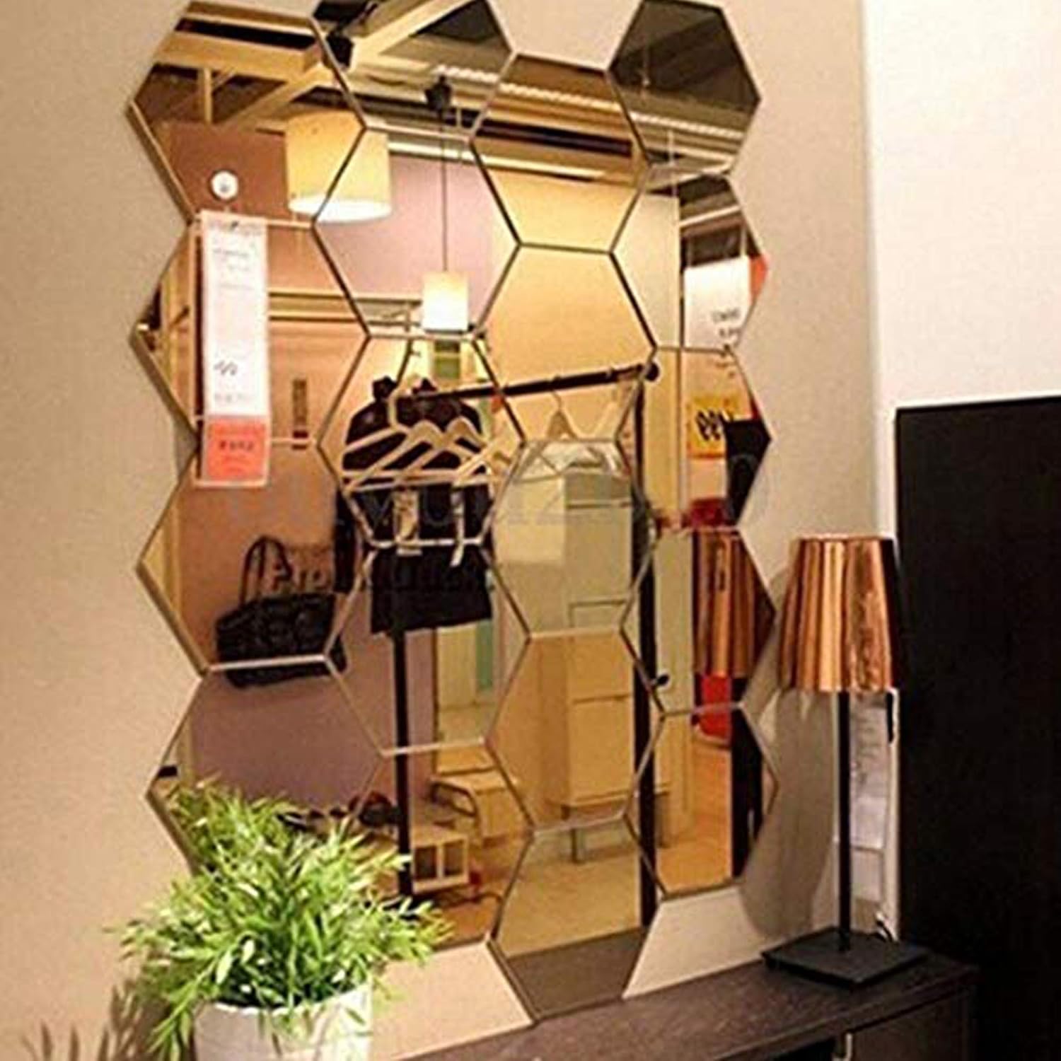 Mirror Wall Stickers, 12PCS Hexagon Mirror Art DIY Home Decorative Hexagonal Acrylic Wall Sheet Plastic Tiles Home Living Room Bedroom Sofa TV Background Wall Decal Decoration (Gold)