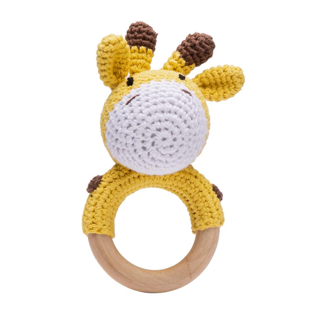 Youuys Wooden Baby Rattle Toys - Rattle Easy Grasp Handmade Crochet Cute Wood Newborn Chew Toys for Infant Baby, Giraffe