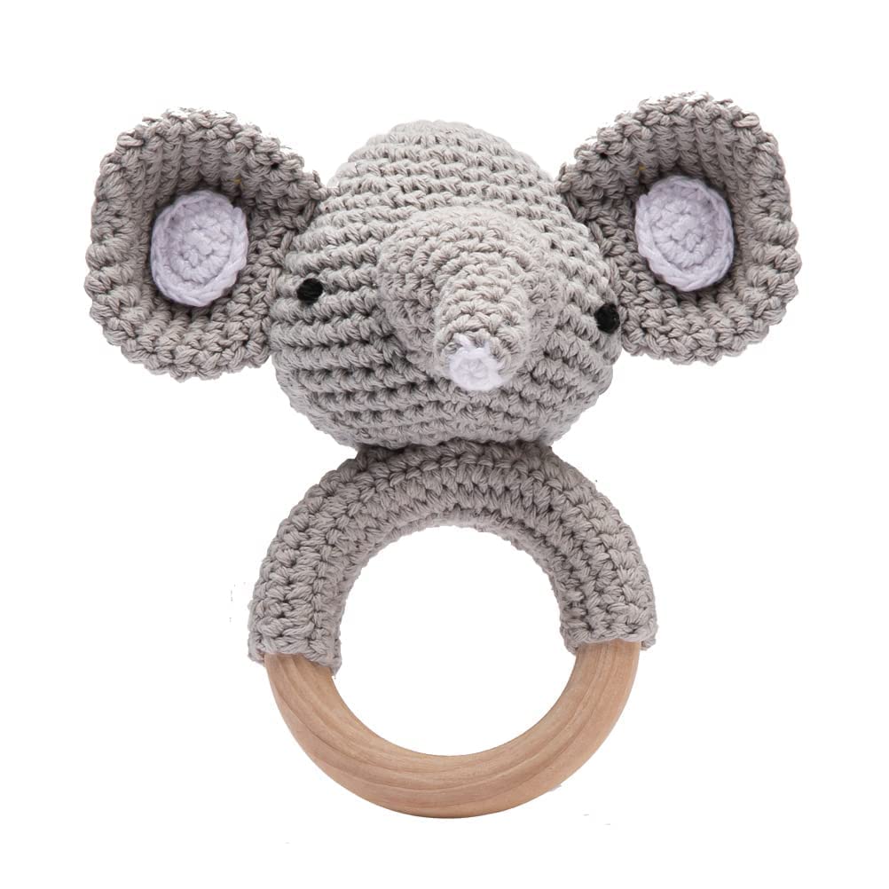 Youuys Wooden Baby Rattle Toys -Rattle Easy Grasp Handmade Crochet Cute Wood Newborn Chew Toys for Infant Baby, Elephant