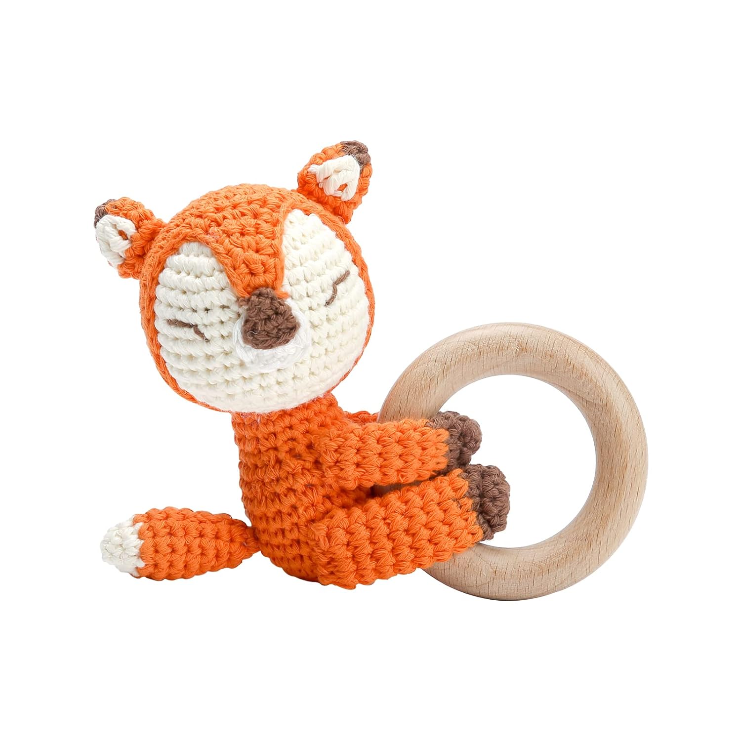 Youuys Wooden Baby Rattle Toys - Rattle Easy Grasp Handmade Crochet Cute Wood Newborn Chew Toys for Infant Baby, Fox