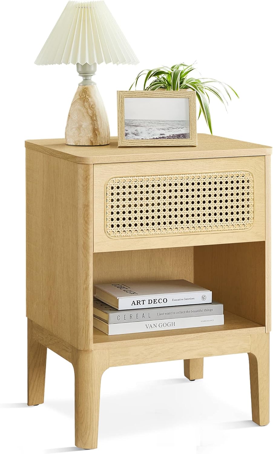 VASAGLE Rattan Nightstand, Boho Bedside Table with Drawer, Cane End Table, Modern Side Table for Bedroom, Natural ULET616T57