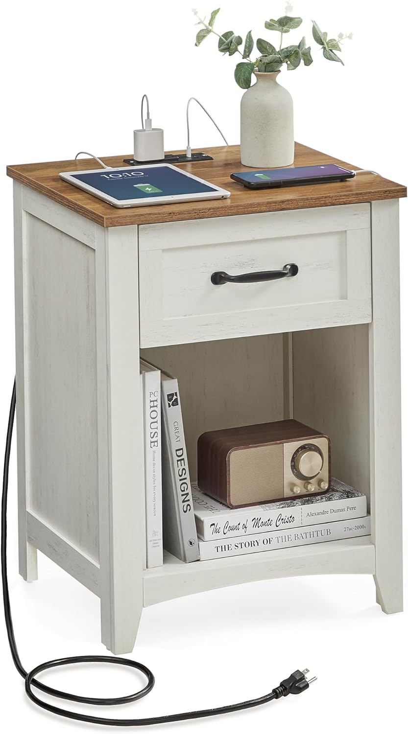 VASAGLE Farmhouse Nightstand with Charging Station, Bedside Table with Drawer, Open Compartment, Side Table with Storage, for Bedroom, Rustic White and Honey Brown ULET659K41