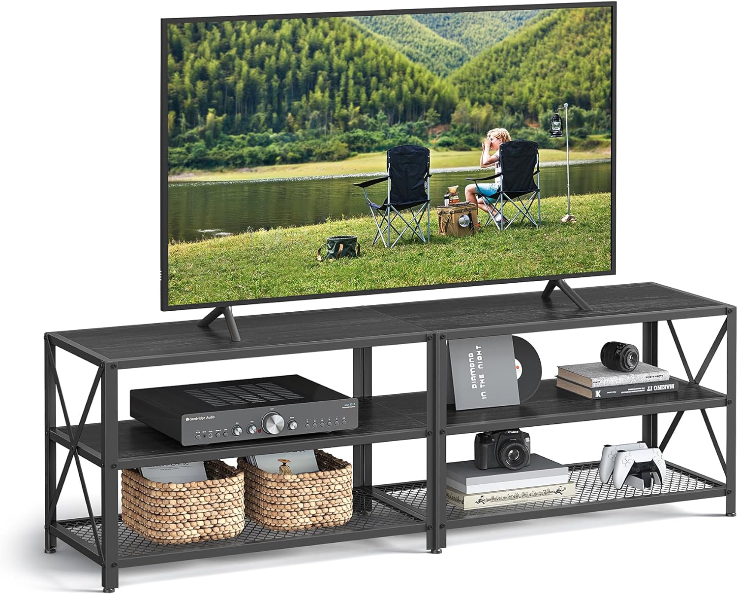 VASAGLE TV Stand, TV Console for TVs Up to 70 Inches, TV Table, 63 Inches Width, TV Cabinet with Storage Shelves, Steel Frame, for Living Room, Bedroom, Black with Wood Grain ULTV095B22