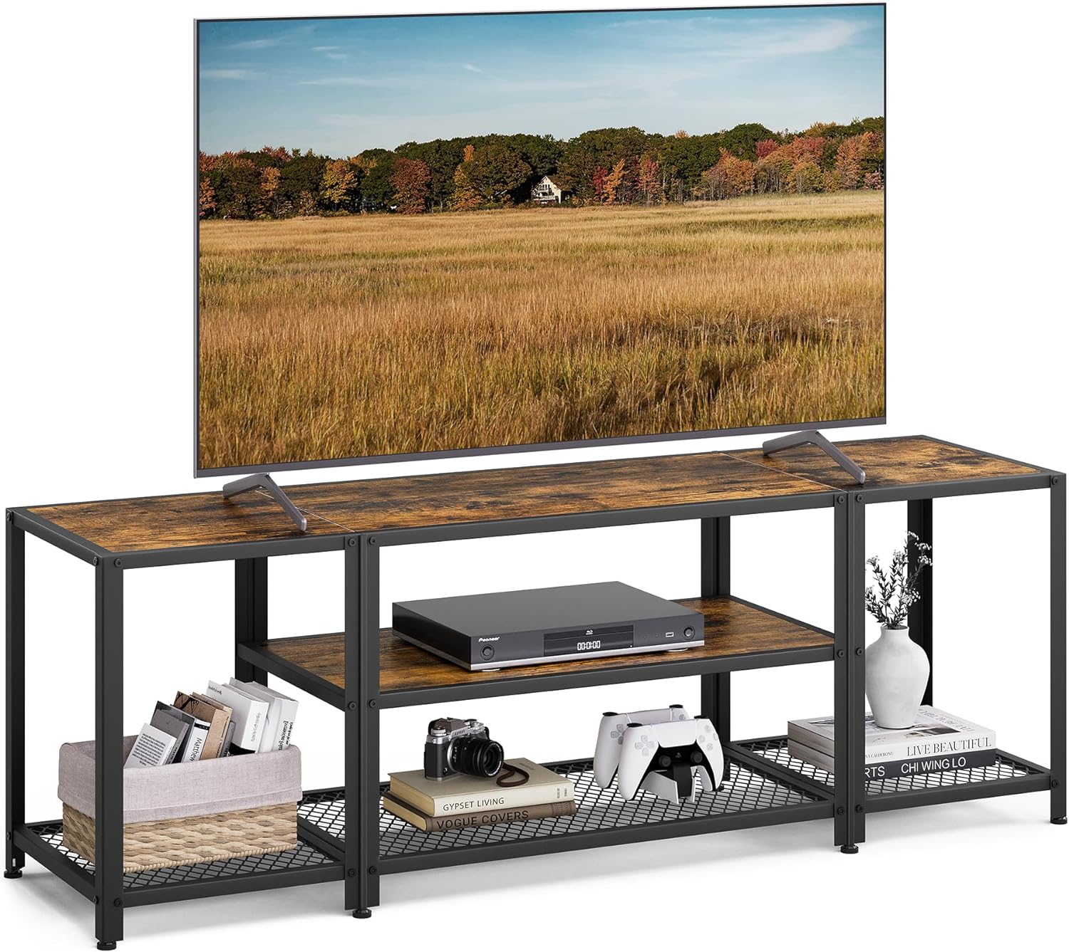 VASAGLE Modern TV Stand for TVs up to 65 Inches, 3-Tier Entertainment Center, Industrial TV Console Table with Open Storage Shelves, for Living Room, Bedroom, Rustic Brown and Black ULTV097B01