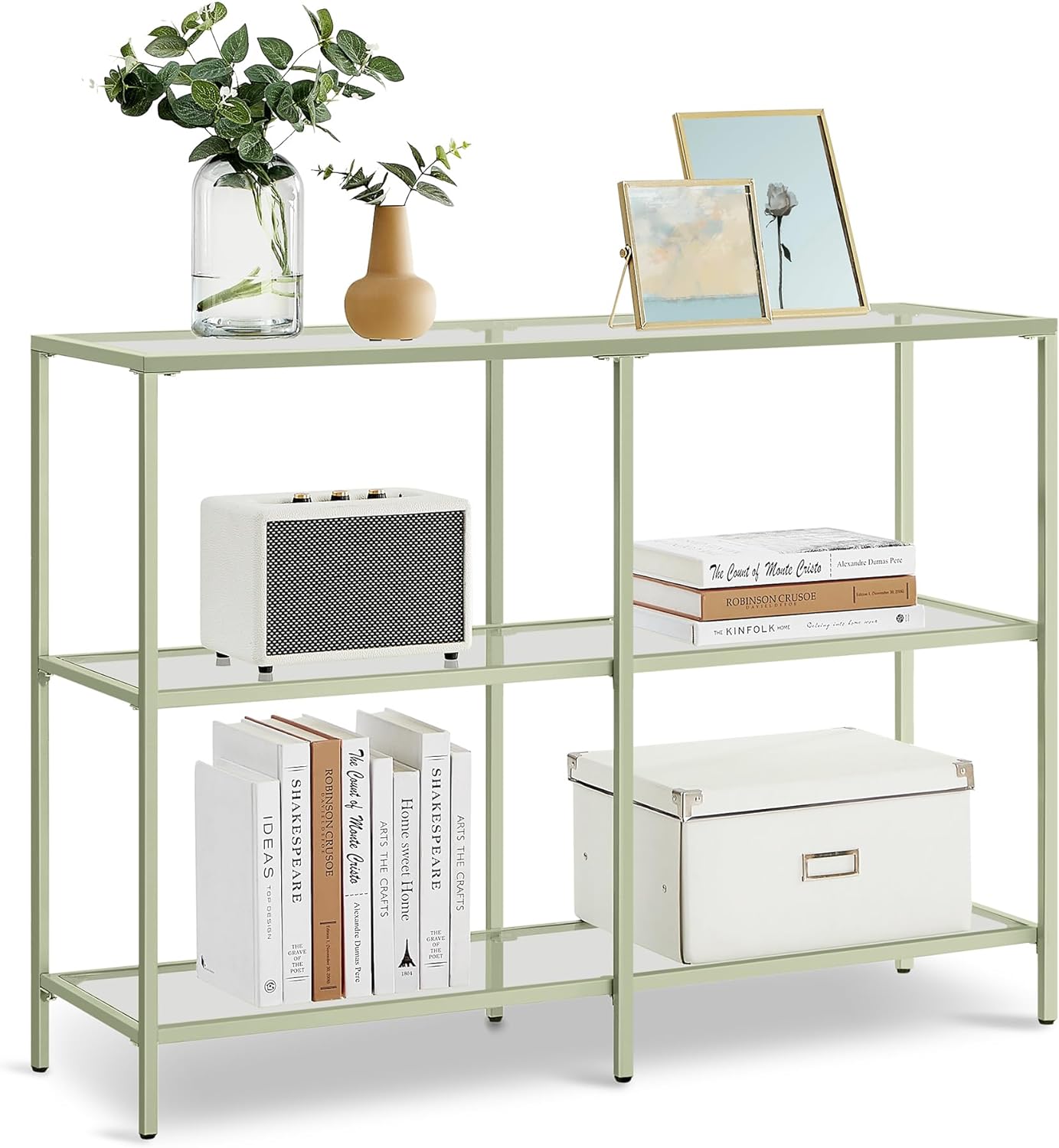 VASAGLE 39.4 Inch Console Table with 3 Shelves, Sofa Table, Entryway Table, Metal Frame, Tempered Glass Shelf, Modern Style, for Entryway Living Room Bedroom, Laurel Green and Transparent ULGT027C01