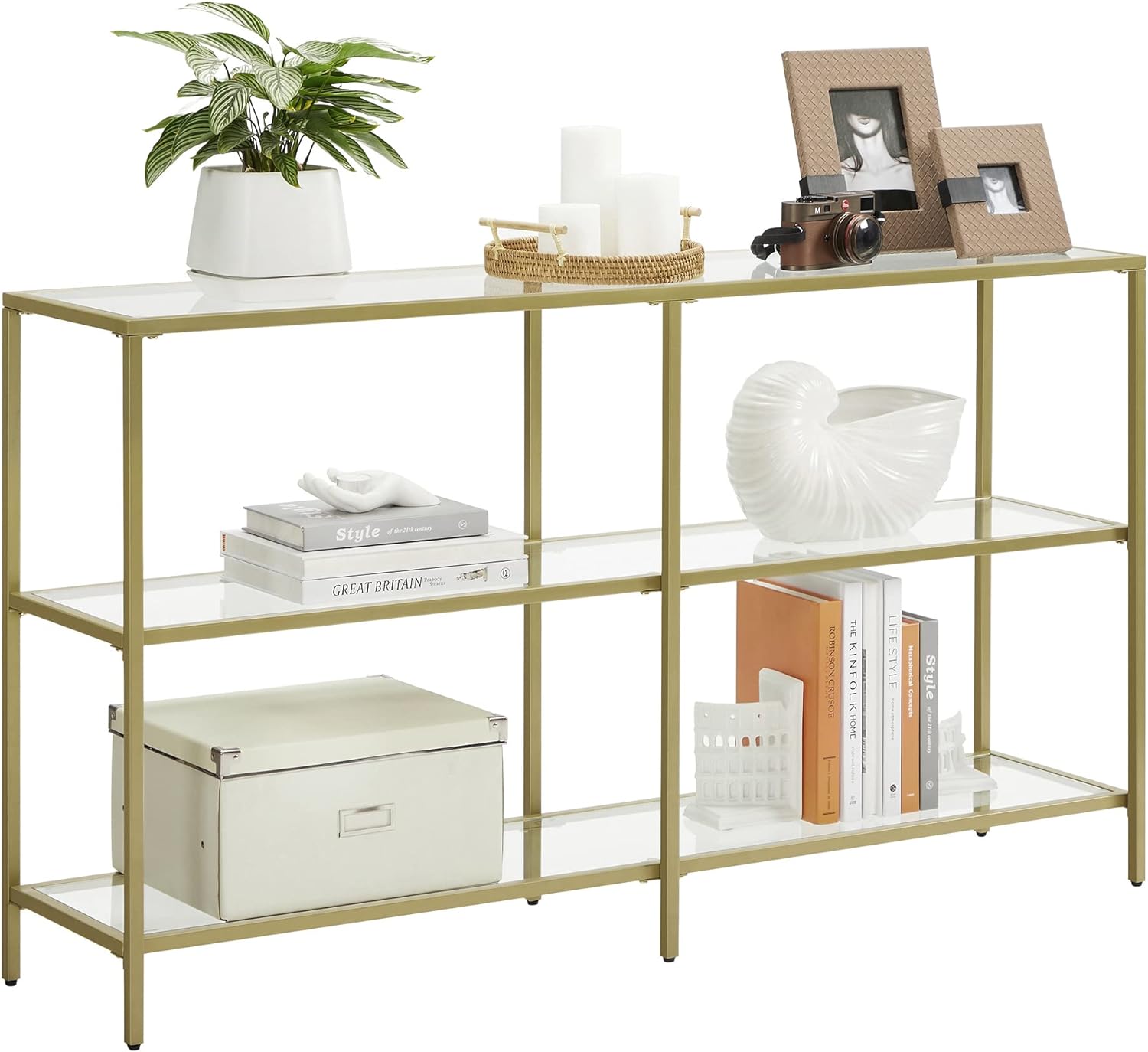 VASAGLE 51.2 Inch Console Table with 3 Shelves, Sofa Table, Entryway Table, Metal Frame, Tempered Glass Shelf, Modern Style, for Entryway Living Room Bedroom, Metallic Gold and Transparent ULGT024A01