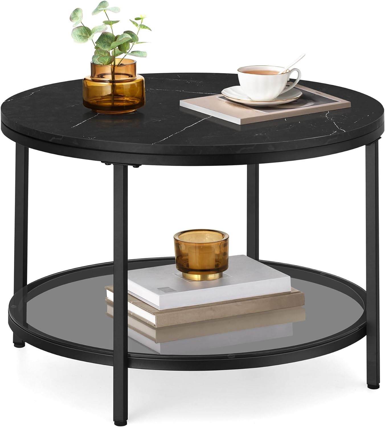 VASAGLE Round Coffee Table, Small Coffee Table with Faux Marble Top and Glass Storage Shelf, 2-Tier Circle Coffee Table, Modern Center Table for Living Room, Marble Black and Ink Black ULCT072B58