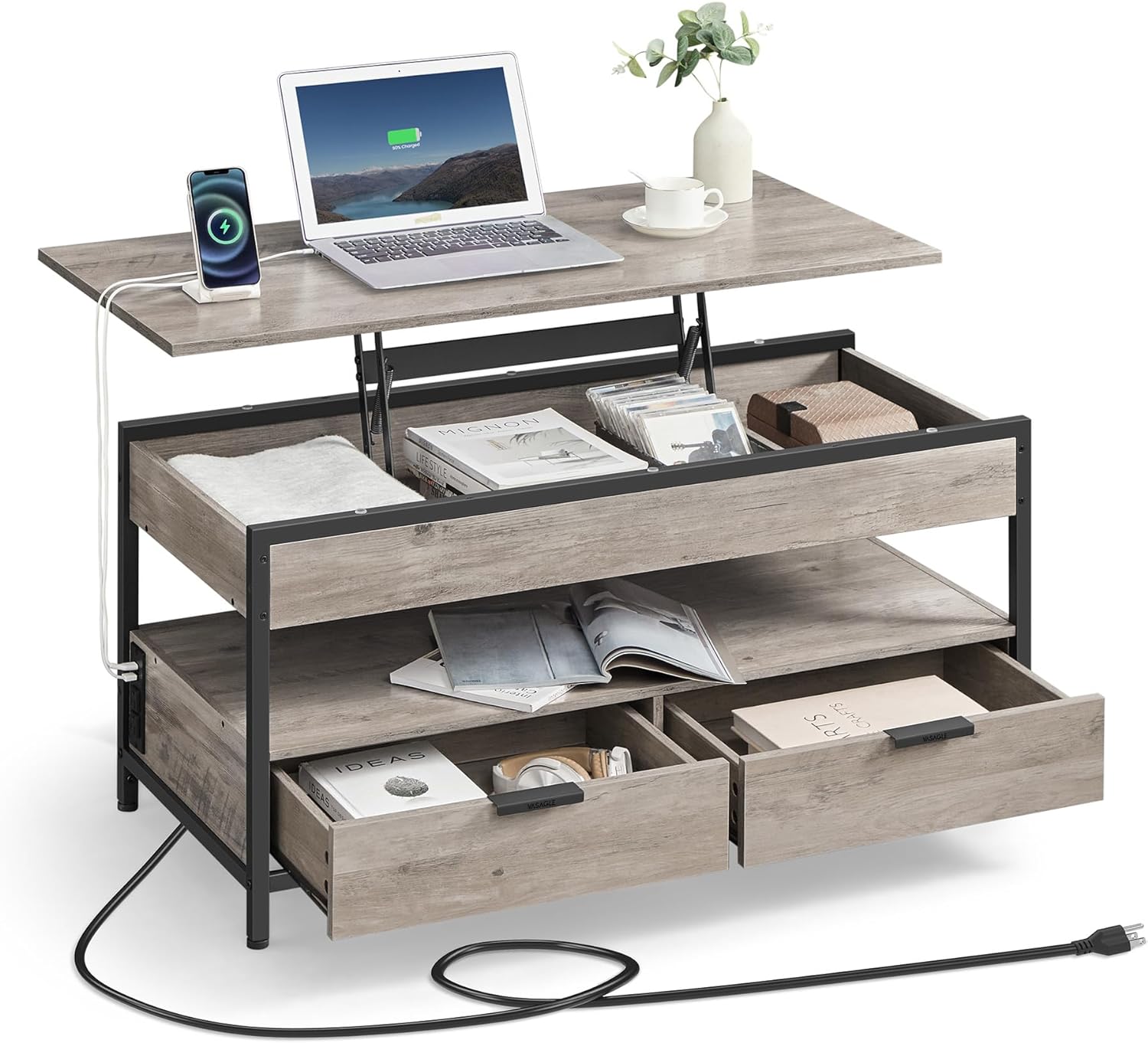 VASAGLE Lift Top Coffee Table with Storage Drawers and Charging Station, Coffee Table for Living Room with Lifting Top, Hidden Compartments and Open Shelf, Heather Greige and Classic Black ULCT206B02