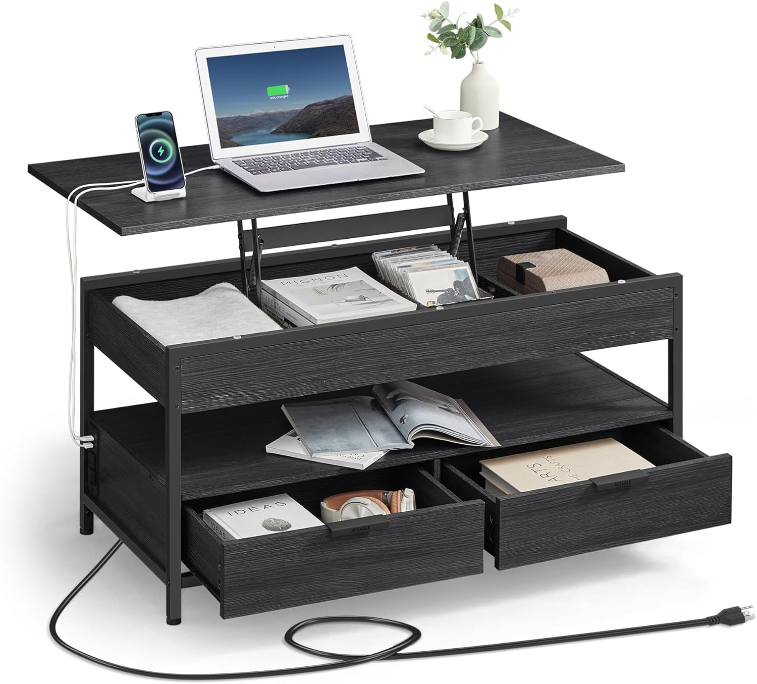 VASAGLE Lift Top Coffee Table with Storage Drawers and Charging Station, Coffee Table for Living Room with Lifting Top, Hidden Compartments and Open Shelf, Charcoal Gray and Classic Black ULCT206B22