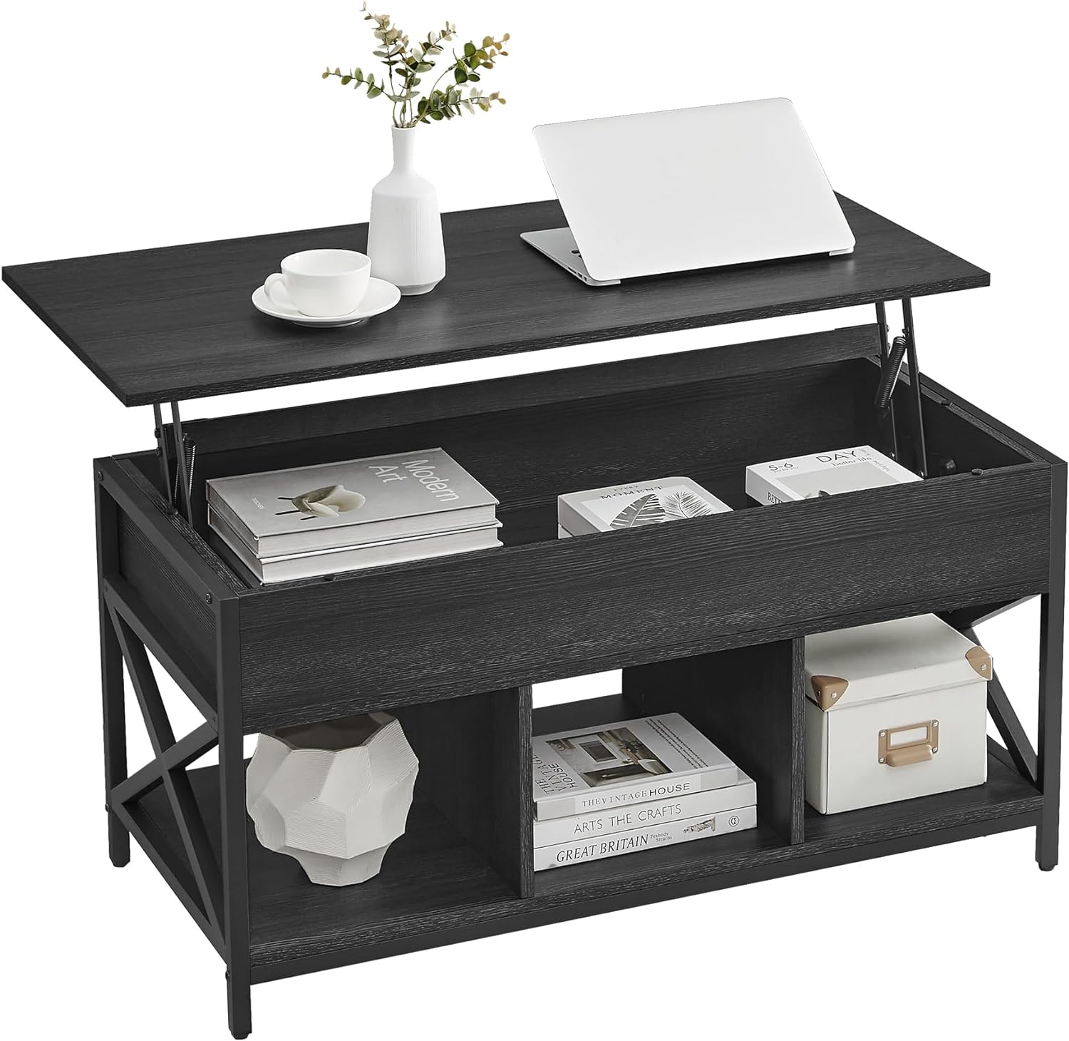 VASAGLE Lift Top Coffee Table, Lift Coffee Table with Storage Shelf, Hidden Compartments and Lifting Top, for Living Room, Office, 19.7 x 39.4 x (19.3-24.4) Inches, Black with Wood Grain ULCT202B22