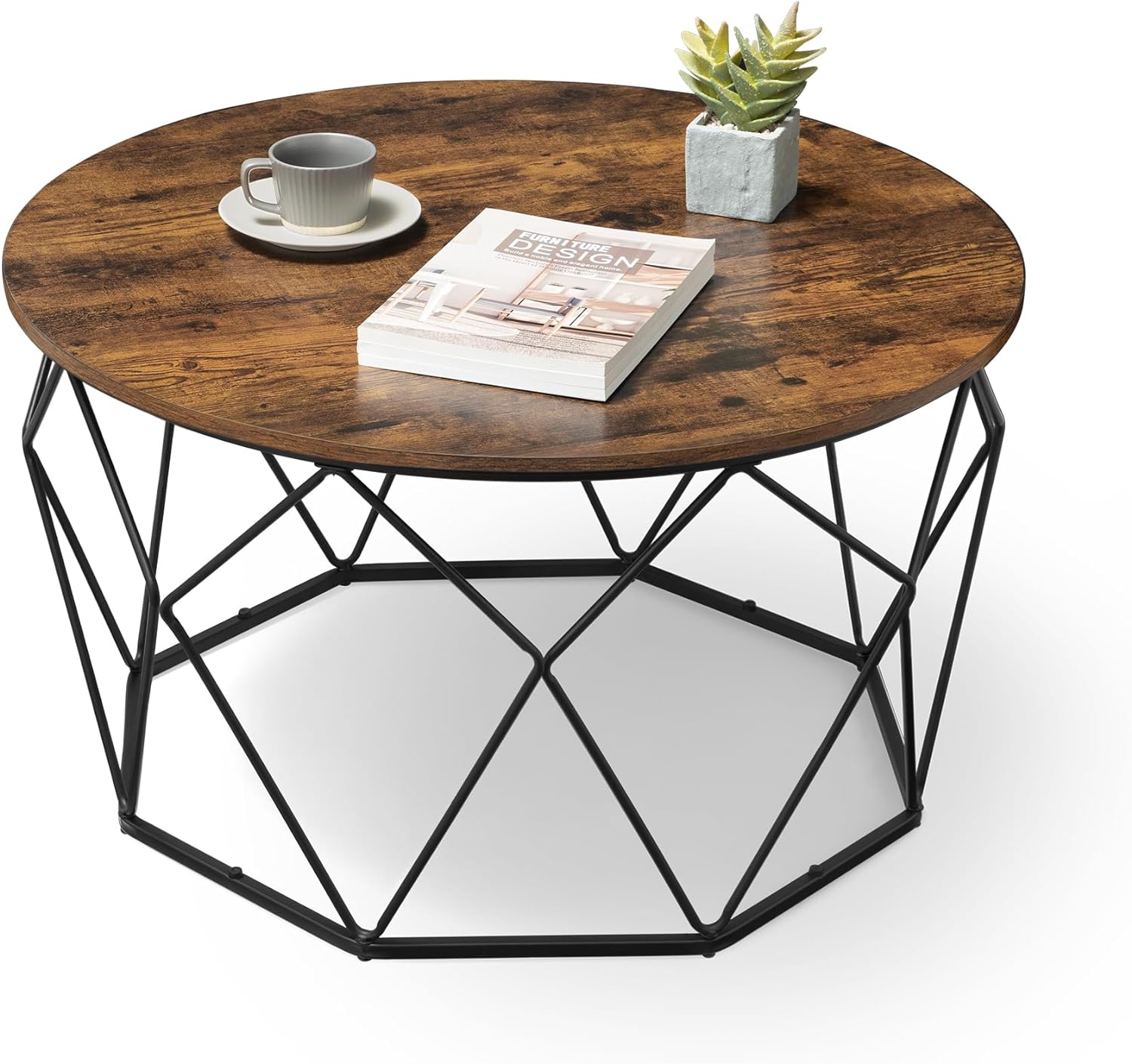 VASAGLE Round Coffee Table for Living Room, Cage Cocktail Table with Steel Frame, 31.5 Inches Dia., Industrial Style, Rustic Brown and Black ULCT040B01