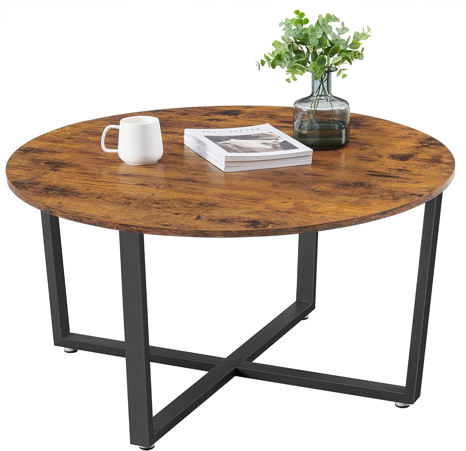 VASAGLE ALINRU Round Coffee Table, Industrial Style Cocktail Table, Durable Metal Frame, Easy to Assemble, for Living Room, Rustic Brown ULCT88X 39.4 x 21.7 x 17.7 Inches