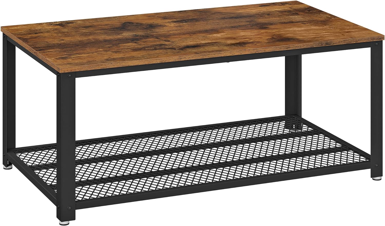 VASAGLE Coffee Table for Living Room, 2-Tier Cocktail Table, Center Table with Mesh Shelf, Steel Frame, Adjustable Feet, Industrial Style, Rustic Brown and Black ULCT61X