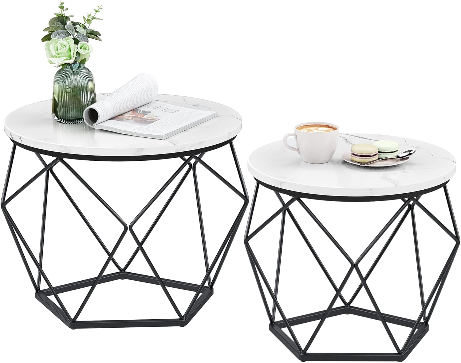 VASAGLE Small Coffee Table Set of 2, Round Coffee Table with Steel Frame, Side End Table for Living Room, Bedroom, Office, Marble White and Black