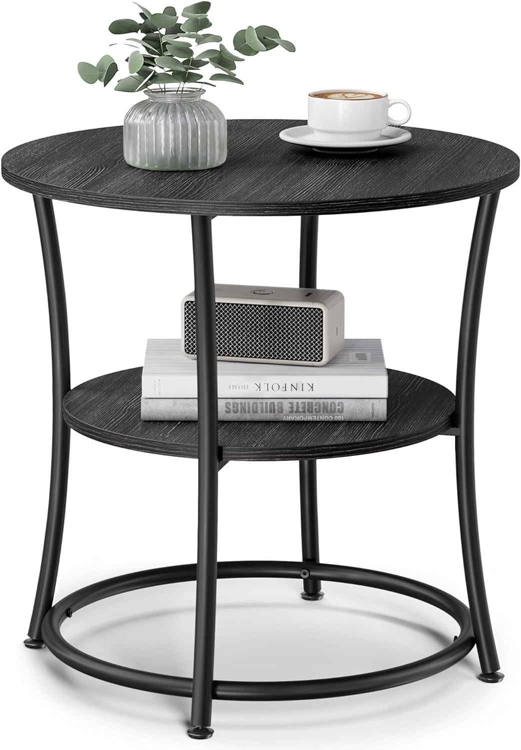 VASAGLE Side Table, Round End Table with 2 Shelves for Living Room, Bedroom, Nightstand with Steel Frame for Small Spaces, Outdoor Accent Coffee Table, Charcoal Gray and Black