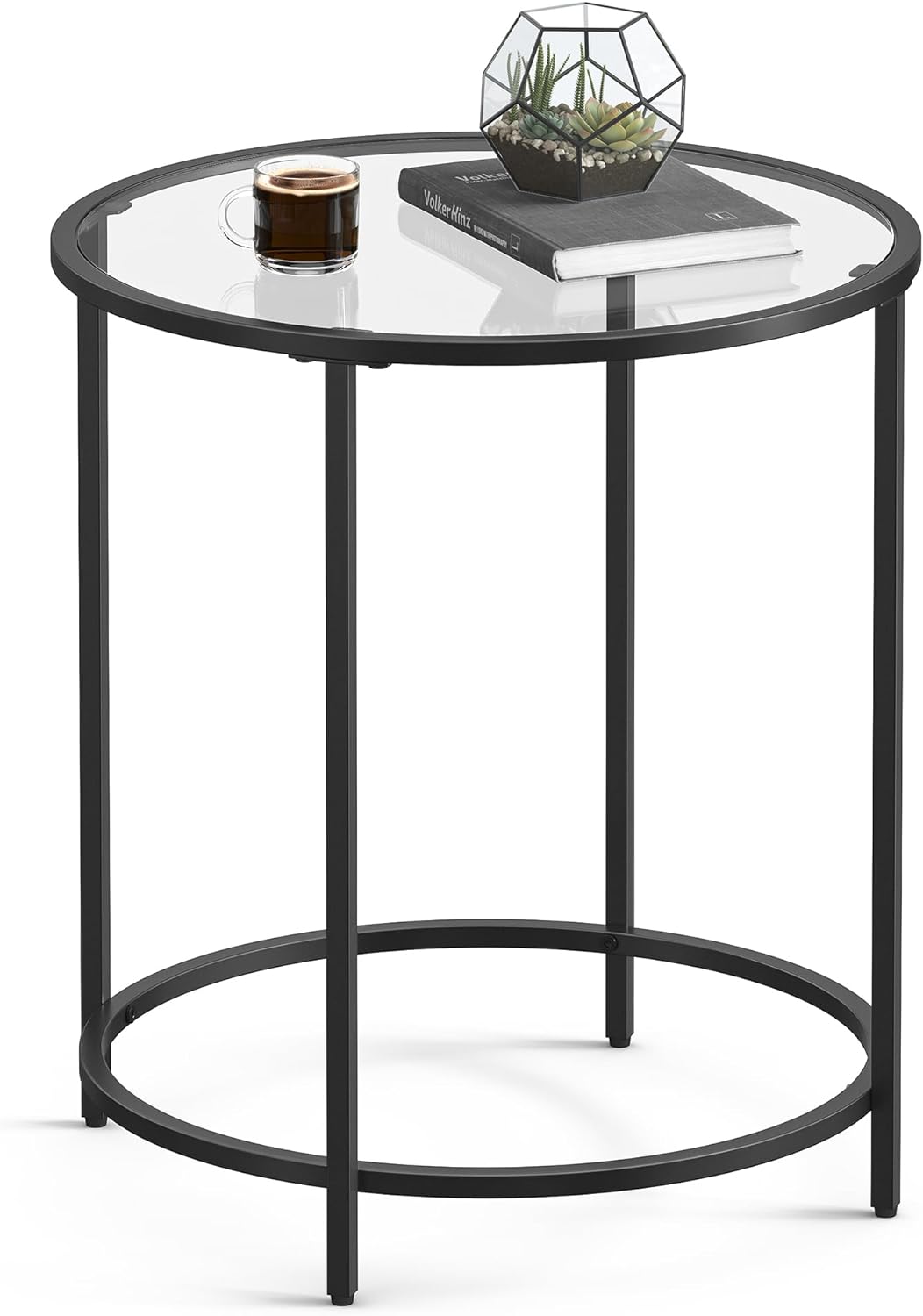 VASAGLE Round Side Table, Glass End Table with Metal Frame, Black Coffee Table with Modern Style, for Living Room, Balcony, Bedroom, Black