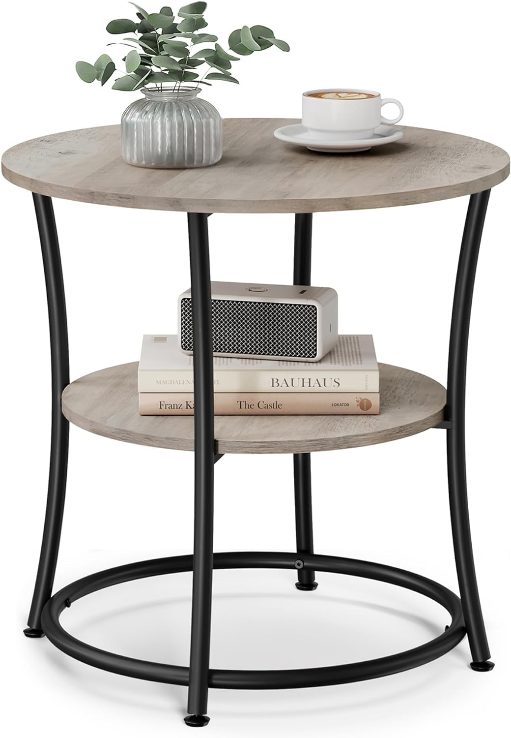 VASAGLE Side Table, Round End Table with 2 Shelves for Living Room, Bedroom, Nightstand with Steel Frame for Small Spaces, Outdoor Accent Coffee Table, Greige and Black