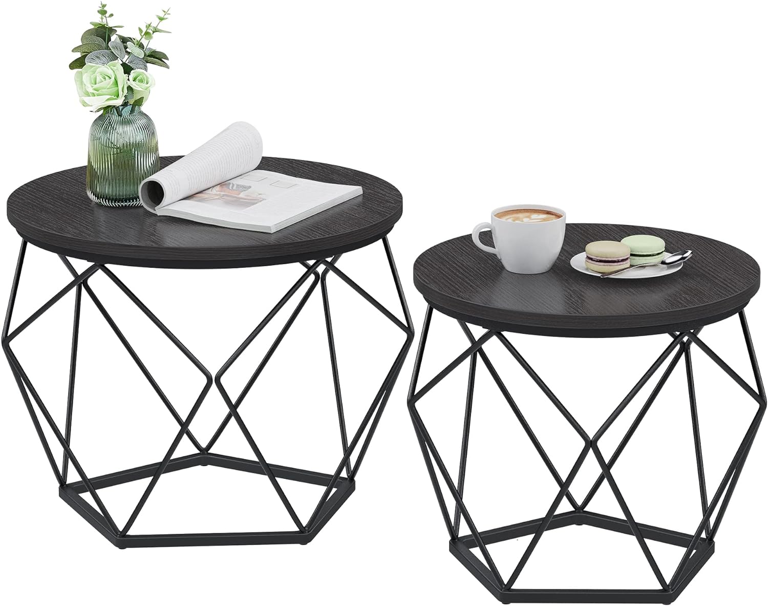 VASAGLE Small Coffee Table Set of 2, Round Coffee Table with Steel Frame, Side End Table for Living Room, Bedroom, Office, Black