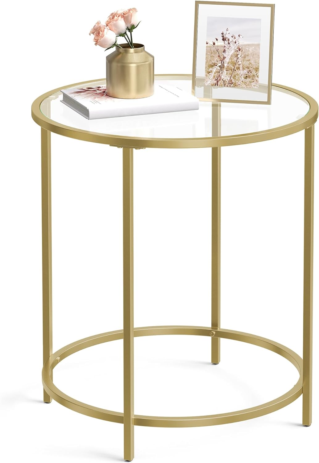 VASAGLE Round Side Table, Glass End Table with Metal Frame, Gold Coffee Table with Modern Style, for Living Room, Balcony, Bedroom, Gold Color