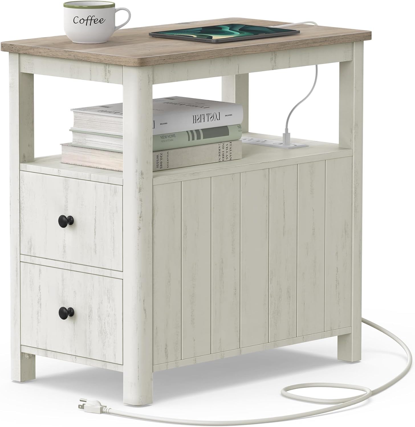 VASAGLE Side Table with Charging Station, Narrow Nightstand with 2 Drawers, Living Room End Table with Storage, for Small Spaces, Coastal Style, Vintage White and Heather Greige ULET322W73