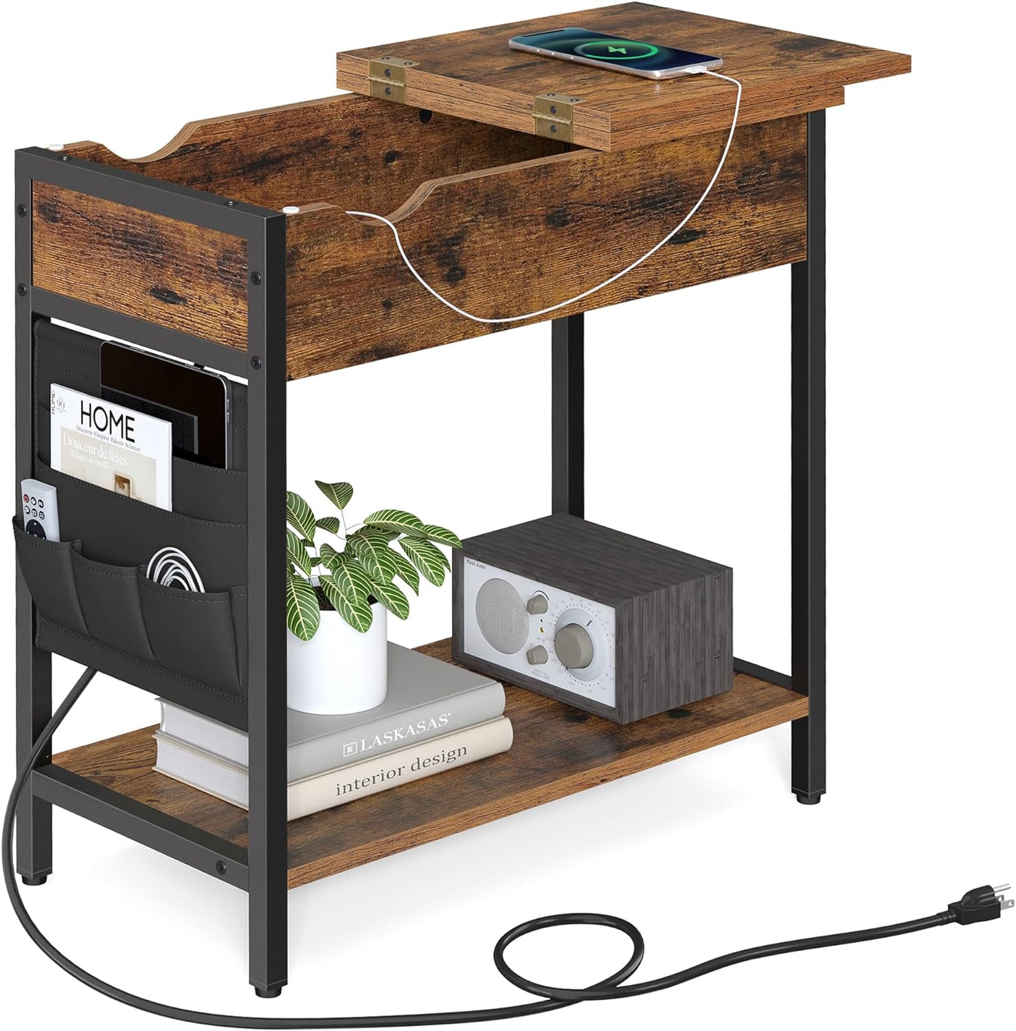 VASAGLE Side Table with Storage, End Table with USB Ports and Outlets, Nightstand with Charging Station, Fabric Bags, for Living Room, Bedroom, Rustic Brown and Black ULET310B01V1