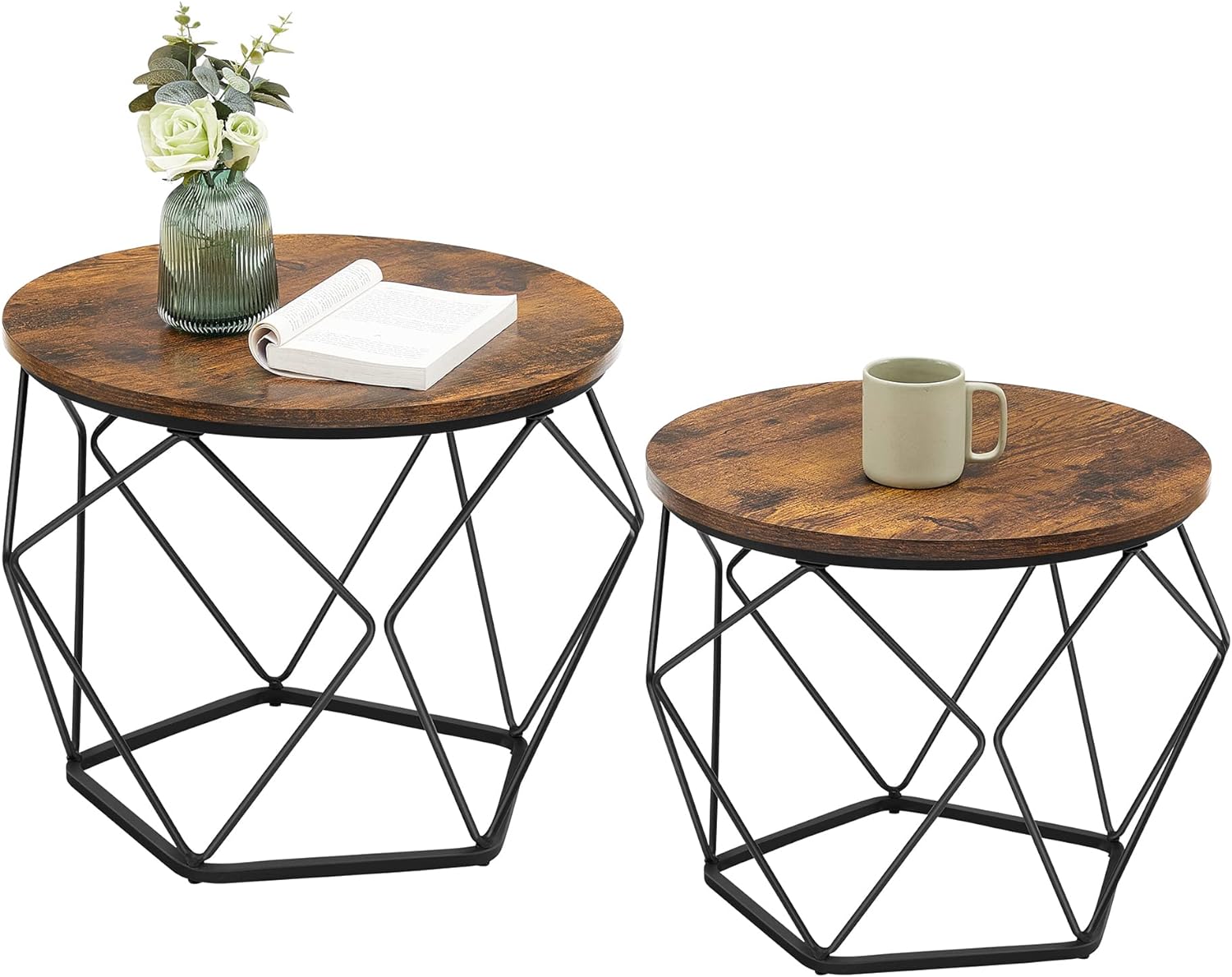 VASAGLE Small Coffee Table Set of 2, Round Coffee Table with Steel Frame, Side End Table for Living Room, Bedroom, Office, Rustic Brown and Black