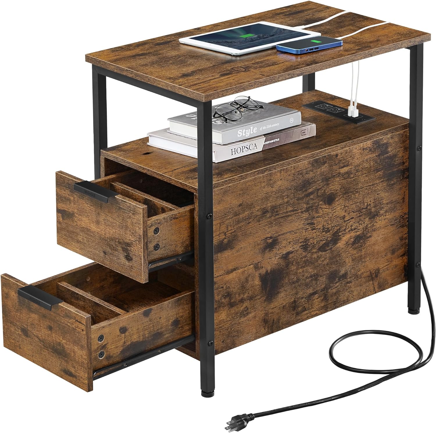 VASAGLE Side Table with Charging Station, Narrow End Table with 2 Drawers, Slim Nightstand and Bedside Table with Storage, for Small Spaces, Rustic Brown and Black ULET321B01