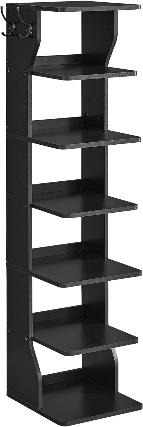 VASAGLE 7 Tier Vertical Shoe Rack, Narrow Shoe Storage Organizer with Hooks, Slim Wooden Corner Shoe Tower Rack, Robust and Durable, Space Saving for Entryway and Bedroom, Black ULBS200T16