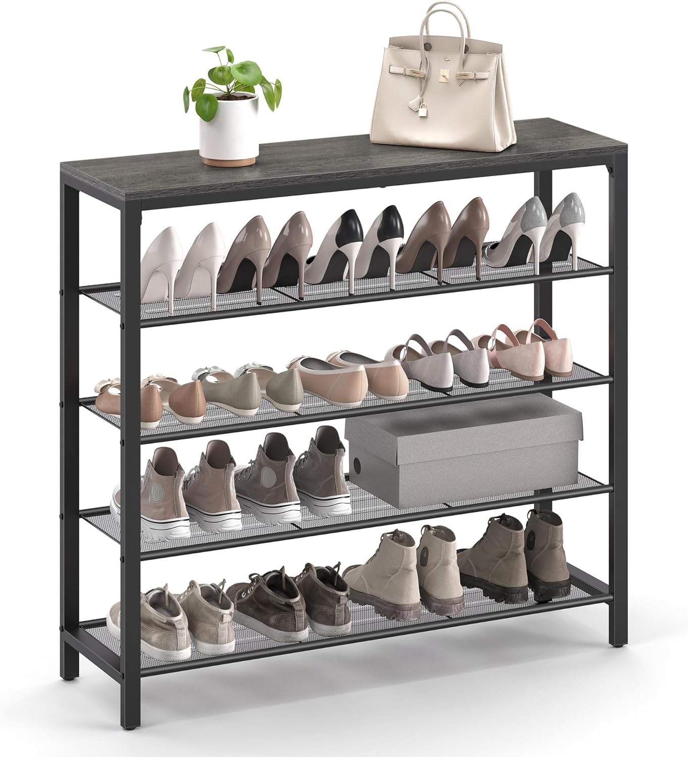 VASAGLE INDESTIC Shoe Rack, Storage Organizer with 4 Mesh Shelves and Large Surface for Bags, Shoe Shelf for Entryway Hallway Closet, Steel Frame, Industrial, Charcoal Gray and Black ULBS015B04