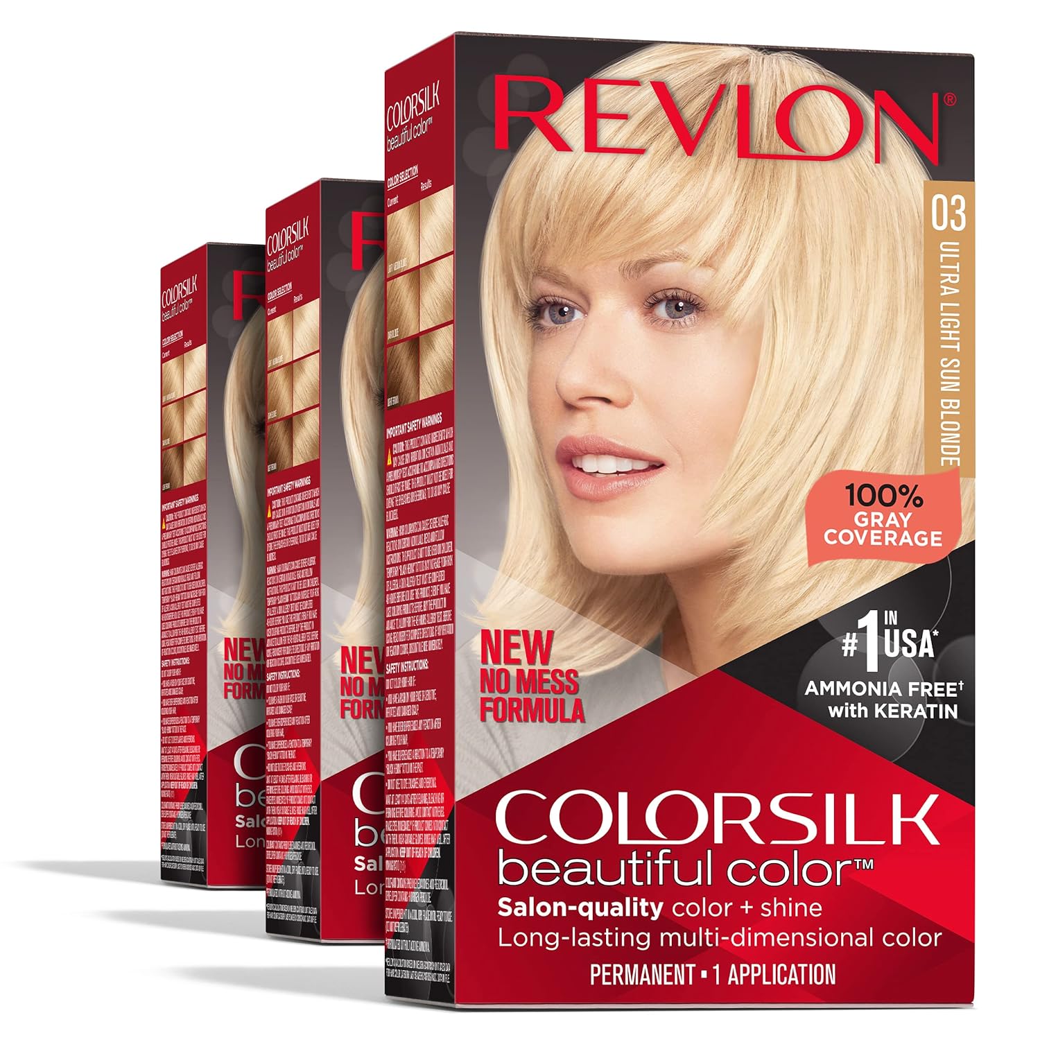 Revlon Permanent Hair Color, Permanent Blonde Hair Dye, Colorsilk with 100% Gray Coverage, Ammonia-Free, Keratin and Amino Acids, Blonde Shades (Pack of 3)