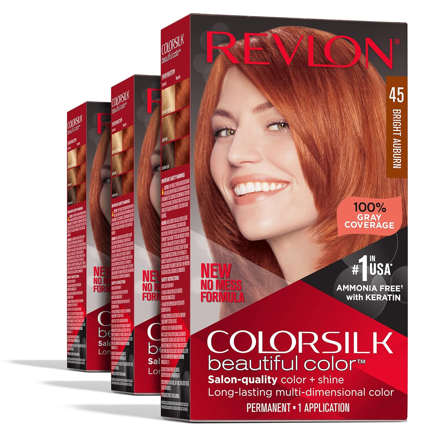 Revlon Permanent Hair Color, Permanent Red Hair Dye, Colorsilk with 100% Gray Coverage, Ammonia-Free, Keratin and Amino Acids, Red Shades, 45 Bright Auburn (Pack of 3)