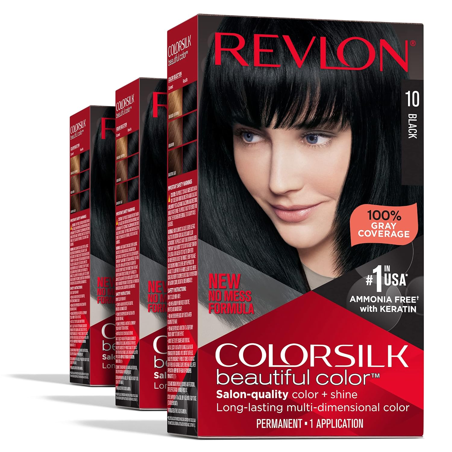 Revlon Permanent Hair Color, Permanent Black Hair Dye, Colorsilk with 100% Gray Coverage, Ammonia-Free, Keratin and Amino Acids, Black Shades (Pack of 3)