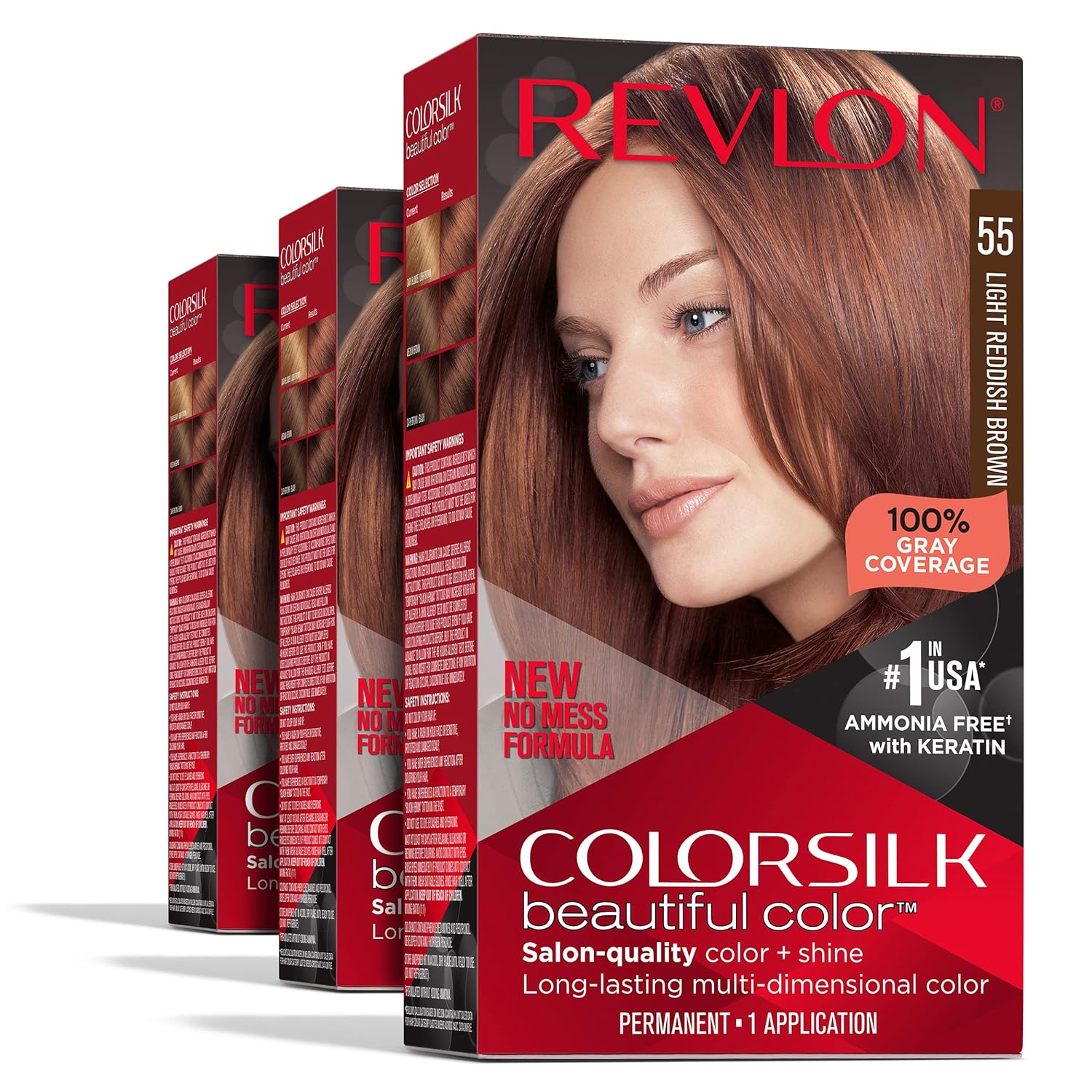 Revlon Permanent Hair Color, Permanent Red Hair Dye, Colorsilk with 100% Gray Coverage, Ammonia-Free, Keratin and Amino Acids, Red Shades (Pack of 3)