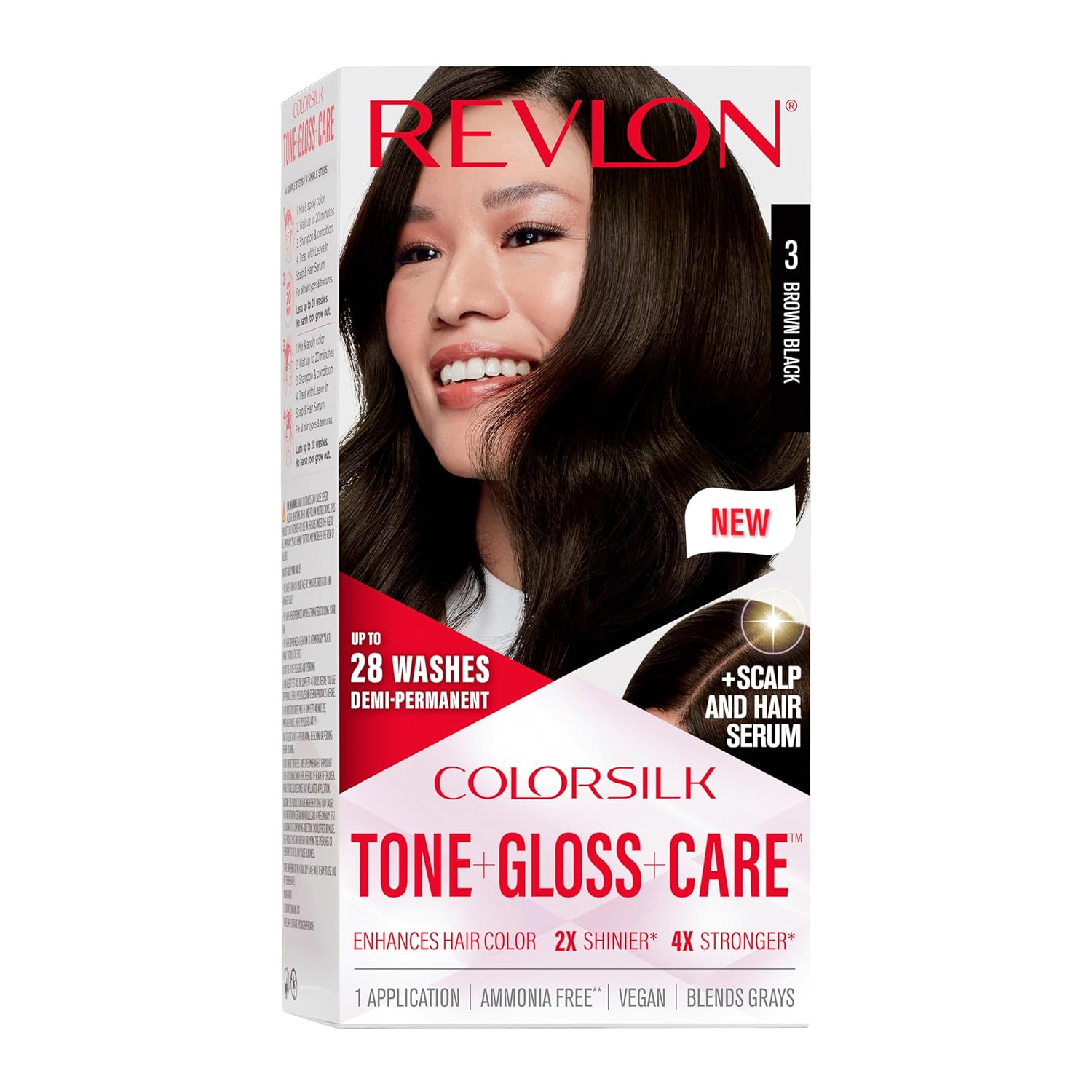 Revlon ColorSilk Tone   Gloss   Care Demi Permanent Hair Color, Hair Dye with Leave in Scalp and Hair Serum, 2x Shinier, 4x Stronger, 3 Brown Black, 4.5 fl. oz