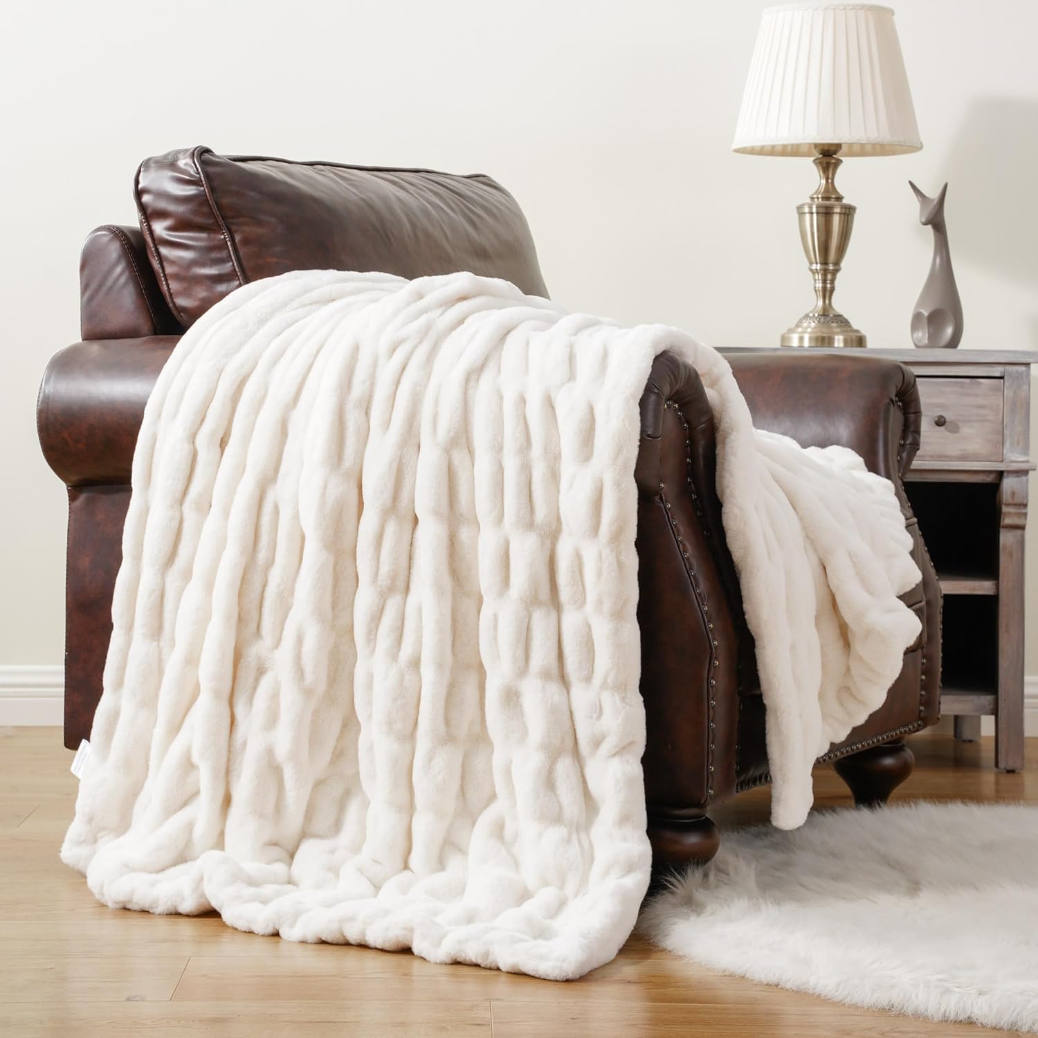 BATTILO HOME Cream Faux Fur Throw Blanket, Double Side Ruched Rabbit Fur Blanket for Couch, Bed, Super Soft Cozy Fuzzy Mink Blanket, 50 x60 (Ivory)