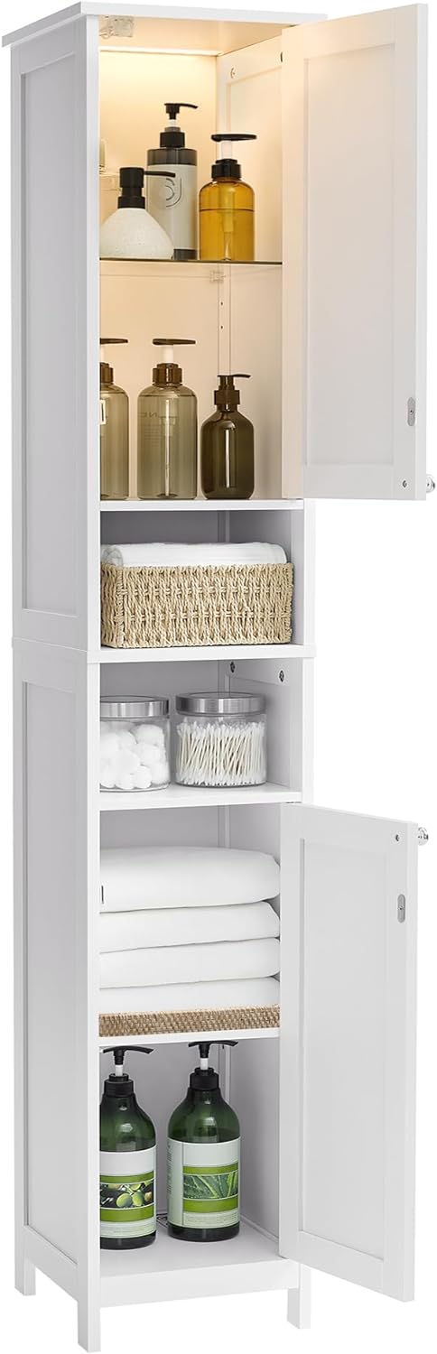 VASAGLE Tall Bathroom Cabinet with Lights, Slim Bathroom Storage Cabinet, Freestanding Narrow Cabinet with Adjustable Shelves, Open compartments, for Small Spaces, Modern, Cloud White UBBC566W02